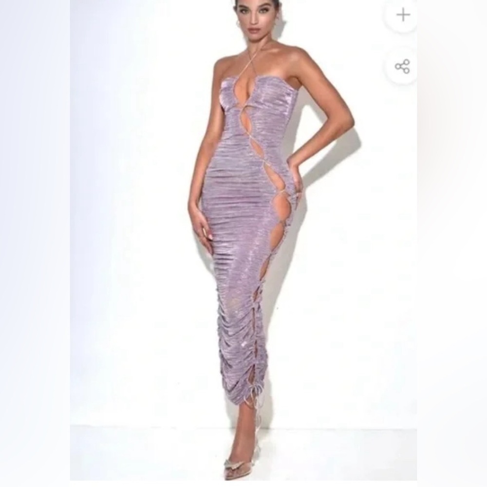 Miss Circle PARRIS LAVENDER METALLIC CUTOUT RUCHED CHIFFON MAXI DRESS Medium - Picture 4 of 11